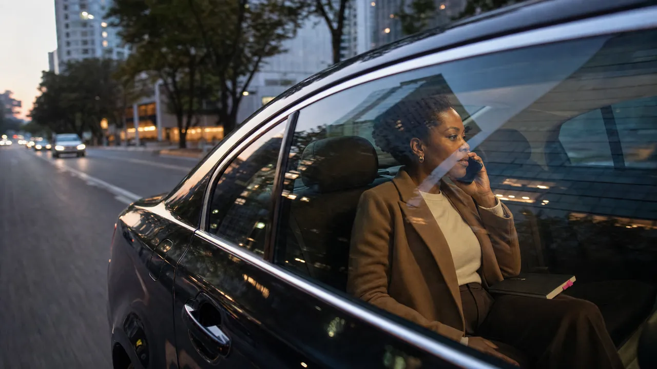 A colleague taking a phone call from the back seat of a car